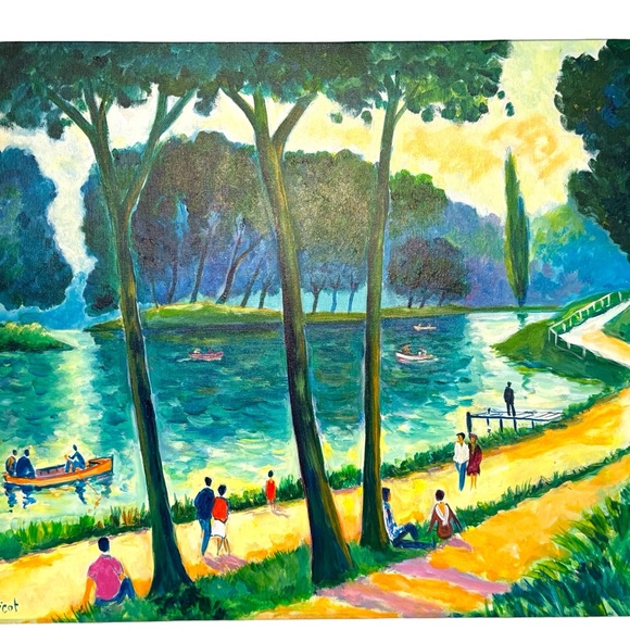 - Jean Claude Picot Signed gallery canvas Oil painting Canotage Sur Le La… - Picture 2 of 6